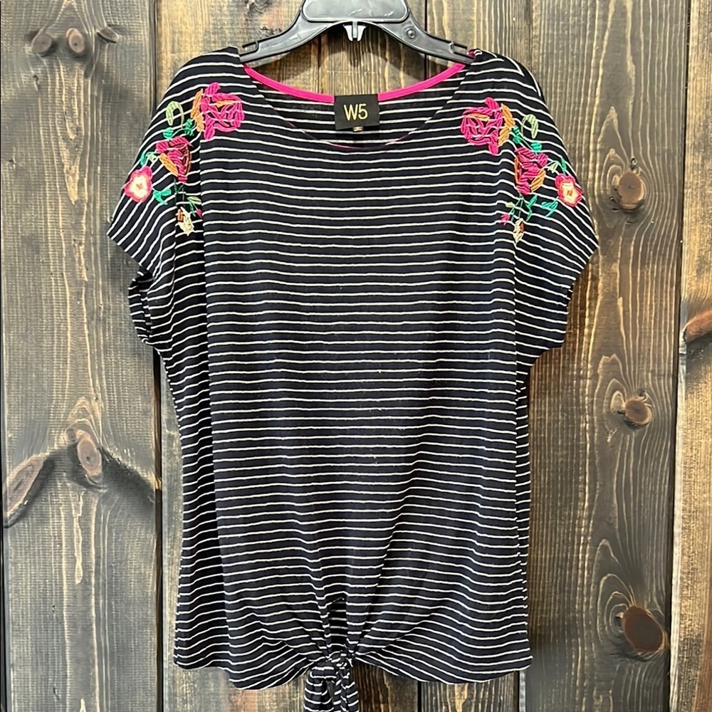 Anthropologie W5 Striped Tie Front Top M Floral Embroidered Boho Oversized Shirt